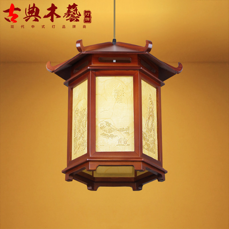 Chinese creative solid wood antique palace lamp lantern hexagonal tea house courtyard outdoor pavilion restaurant waterproof lamp lighting