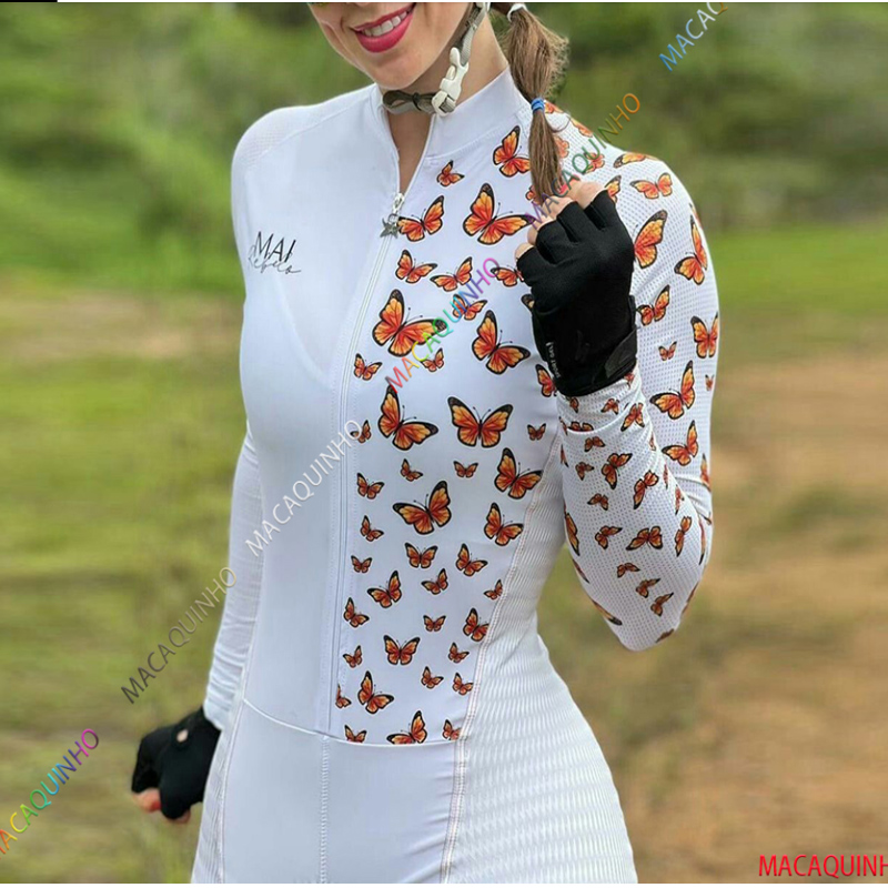 XAMA POR サイクリング服女性のトライアスロン白長袖ボディスーツ蝶柄サイクリング服夏