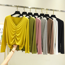 Modale long sleeve T-shirt woman autumn new V collar with a thin undershirt and a thin tucked blouse