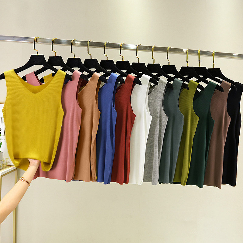 Small harnesses vest female summer knit outwear white sleeveless blouse inner lap V collar free of marks loose black undershirt