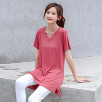 2021 summer Modal T-shirt womens v-neck thin short-sleeved large size loose bottoming shirt Mid-length split top
