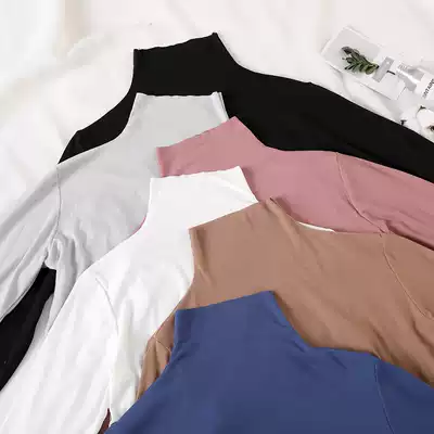 2021 spring white bottoming shirt, women's long-sleeved T-shirt, women's all-match cotton thin section, half-high-neck slim-fit top