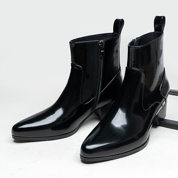 Winter New Style Black Pointed Leather Boots for Men, Genuine Leather Height-Increasing Zipper Short Boots, High-Top Fleece-Lined Men's Boots, Chelsea Boots