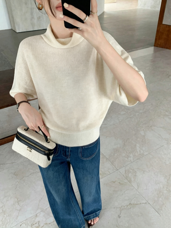 Lazy and Relaxed Style T-Shirt for Women, Summer Batwing Sleeve Knit Top with Stylish Stacked Collar Lazy and Relaxed Style T-Shirt for Women, Summer Batwing Sleeve Knit Top with Stylish Stacked Collar