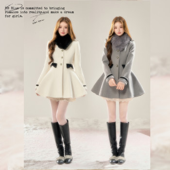 BB BLUE/伦敦旧事/法式赫本风掐腰英伦风加厚毛领中长款呢子大衣