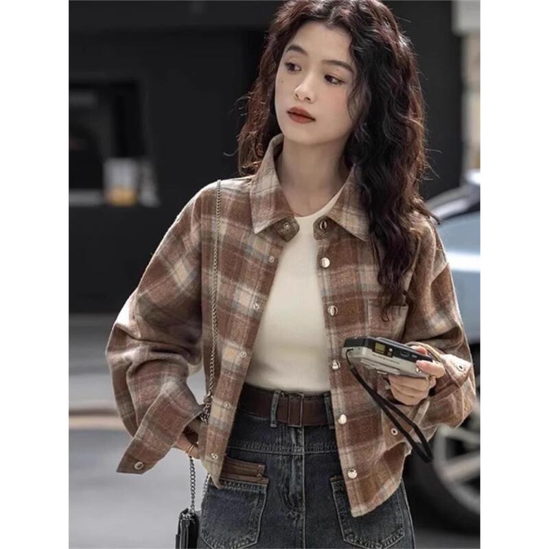 Retro Hong Kong Style Brushed Plaid Shirt for Women 2025 Autumn and Winter New Style Short Jacket for Small People to Wear as an Inner Layer and Layered Top