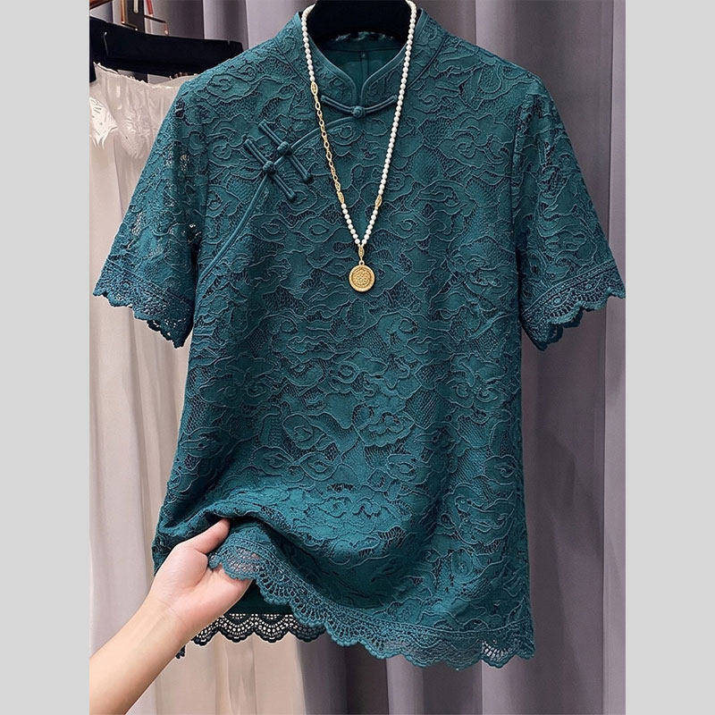 Beautiful New Chinese-Style National Style Lace Short-Sleeved Top for Women, Green Stand-Up Collar, High-End Exquisite Women's Clothing with a Sense of Sophistication