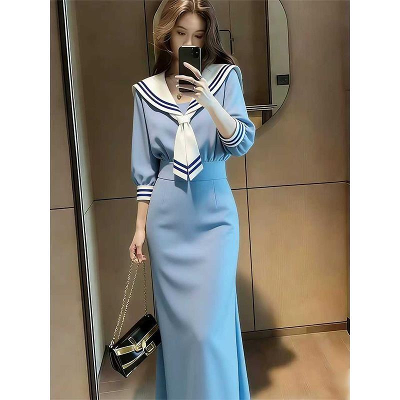 College-Style Navy Collar Blue Dress for Women, Long-Sleeved, Waist-Cinching, Hip-Hugging Dress, Plus Size, Slimming and Elegant Dress College-Style Navy Collar Blue Dress for Women, Long-Sleeved, Waist-Cinching, Hip-Hugging Dress, Plus Size, Slimming and Elegant Dress