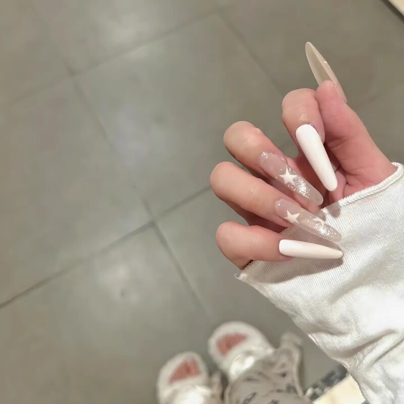 Milky White Gentle Everyday Hand-Painted Star Nude Cat Eye Pure Handmade Wearable Nails