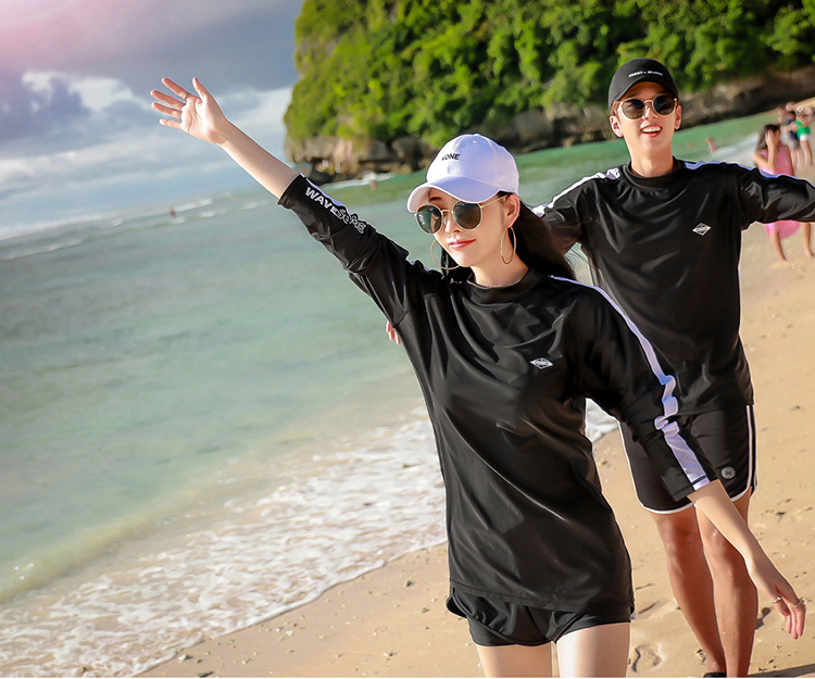 Bộ đồ bơi liền thân 2018 mới bảo thủ che bụng áo dài tay chia đôi nam nữ mẫu đôi nhỏ thơm suối nước nóng kỳ nghỉ - Vài đồ bơi 	đồ đôi đi biển chụp hình cưới	