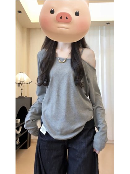 大码胖mm辣妹风灰色斜领露肩长袖T恤女秋百搭遮肉显瘦设计感上衣
