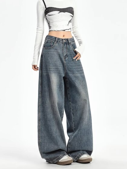 大码胖MM慵懒松弛感牛仔裤女秋冬梨形身材显瘦高腰直筒阔腿拖地裤