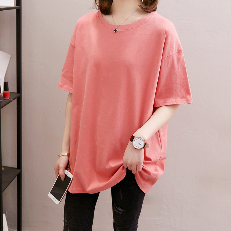 100% Cotton Mid-Length Pure Cotton Solid Color Short-Sleeve T-Shirt Extra Large Size Women's Summer Clothing Plus Size Loose Korean Style Top
