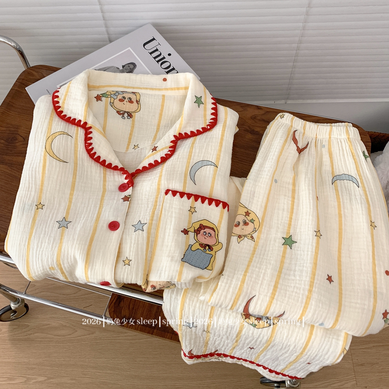 Cartoon Striped Star Double-Layer Pure Cotton Gauze Pajamas for Women, Summer Shirt Collar Short-Sleeved Long Pants Loungewear That Can Be Worn Outside Cartoon Striped Star Double-Layer Pure Cotton Gauze Pajamas for Women, Summer Shirt Collar Short-Sleeved Long Pants Loungewear That Can Be Worn Outside