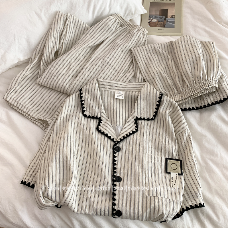 High-End Gray Striped Cloud Cotton Pajamas for Men, Summer Short-Sleeved Shirt Collar, Casual Style Couple's Home Wear