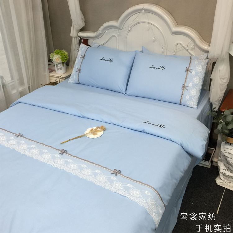 gia đình Hàn Quốc bốn bông ren công chúa gió màu bông chăn Khăn giường 1,5 1.8m doanh nghiệp giường - Bộ đồ giường bốn mảnh chăn ga gối đệm hanvico giảm giá