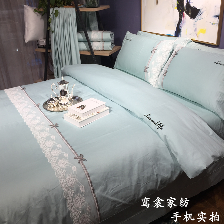 gia đình Hàn Quốc bốn bông ren công chúa gió màu bông chăn Khăn giường 1,5 1.8m doanh nghiệp giường - Bộ đồ giường bốn mảnh chăn ga gối đệm hanvico giảm giá