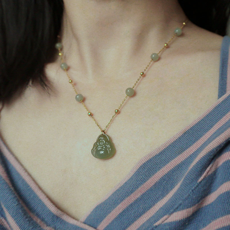 Hetian Yuqing water Buddha Gong pendant female summer 14k wrapped gold full of stars collarbone chain necklace high sense 2021 design