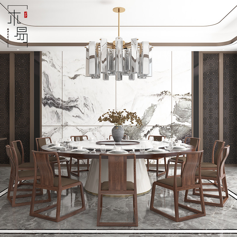 New Chinese style villa electric round table hotel solid wood large round table large apartment type dining table dining chair walnut custom