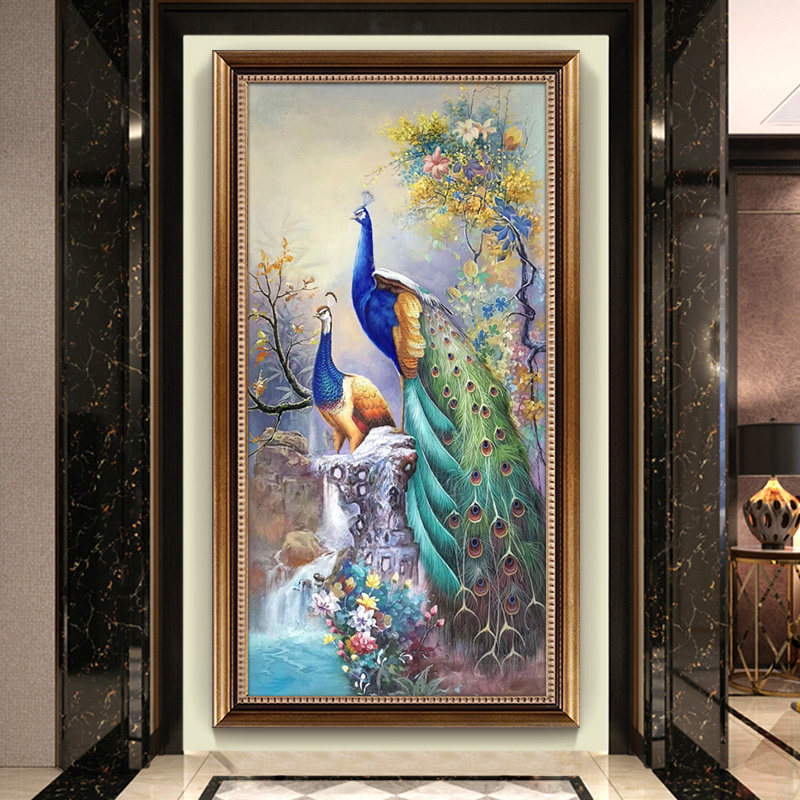 Light luxury American style living room vertical version into the entrance decoration painting pure hand-painted oil painting corridor corridor hanging painting peacock mural