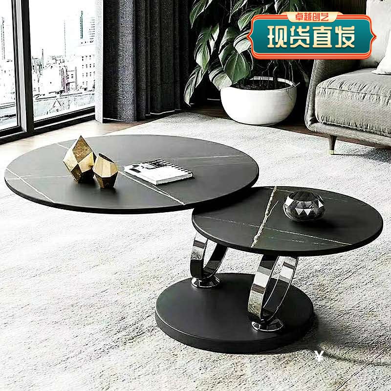 Italian-style natural slate revolving coffee table multi-functional small apartment metal design modern living room telescopic round tea table