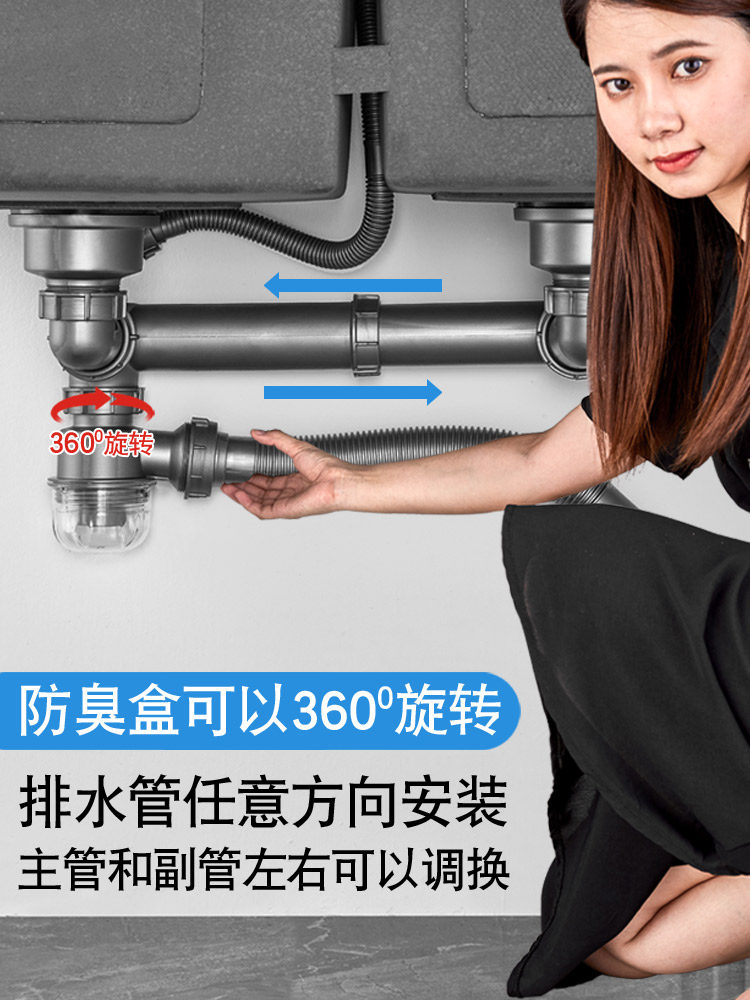 Washing basin sewer pipe fittings Daquan stainless steel double sink kitchen drain deodorant artifact multifunctional universal type