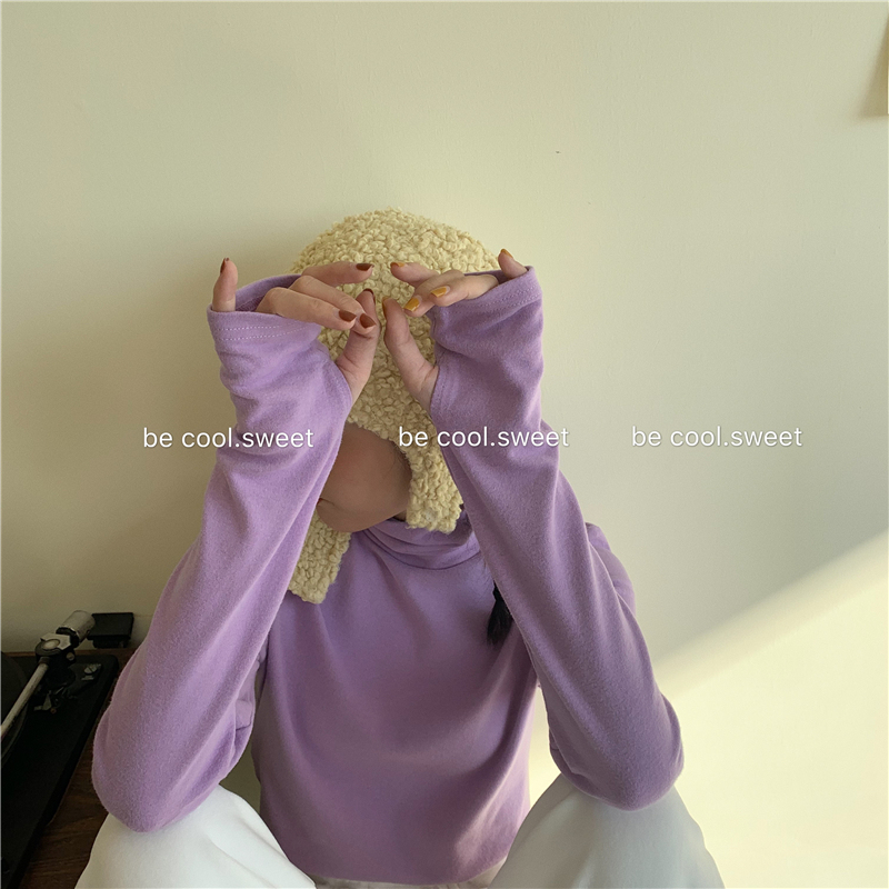 [Off-Season Clearance] Taro Purple Base Shirt for Women, New Spring Style, Loose Fit, Finger-Holes, Stacked Collar Top