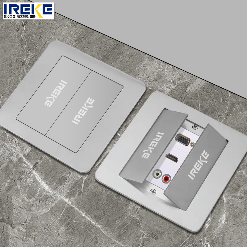 IREKE ground socket double door concealed ultra-thin double door ground plug stainless steel waterproof five-hole internet hdmi land