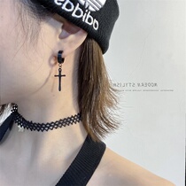 Black long cross pendant earrings single men and women couples niche domineering titanium steel European and American ear jewelry personality tide