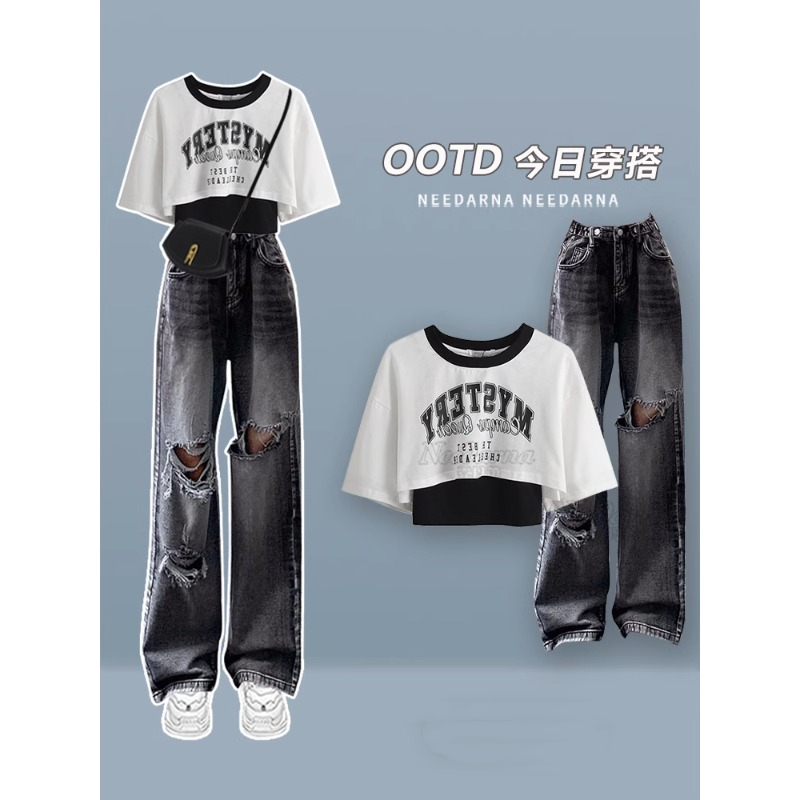 Dopamine Girl Outfit~ Short Hot Girl Short-Sleeve T-Shirt Set for Women, Ripped Jeans, Cool and Stylish Two-Piece Set