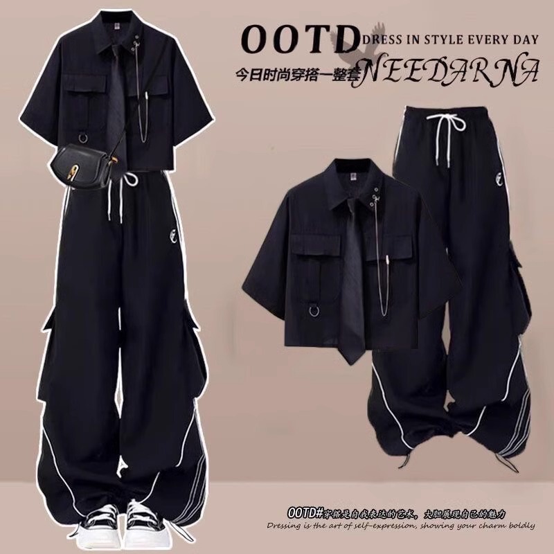 College Style Fashion Matching a Complete Set of Summer Clothes 2026 New Short-Sleeved Shirt Casual Sports Overalls Two-Piece Set College Style Fashion Matching a Complete Set of Summer Clothes 2026 New Short-Sleeved Shirt Casual Sports Overalls Two-Piece Set