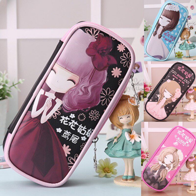 Flower Girl Pencil Bag Japanese and Korean Cute Student Large Capacity PU Leather Stationery Bag Creative Girl Pencil Storage Bag