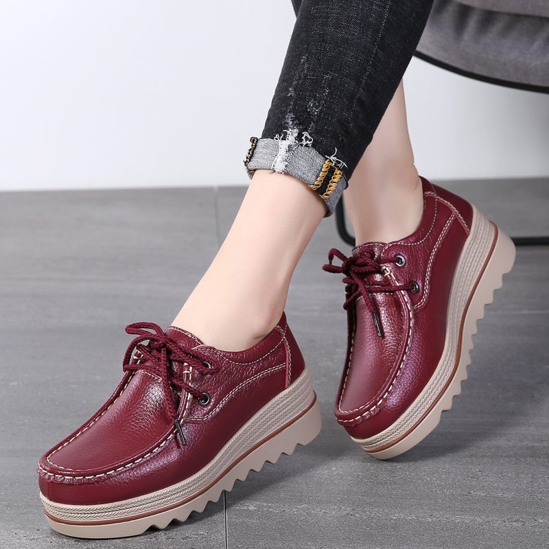 Wine Red & LaceShoe of sponge cake female spring and autumn new pattern Thick bottom increase Shake the bottom Slope heel Big size British style Small leather shoes female genuine leather Women's Shoes
