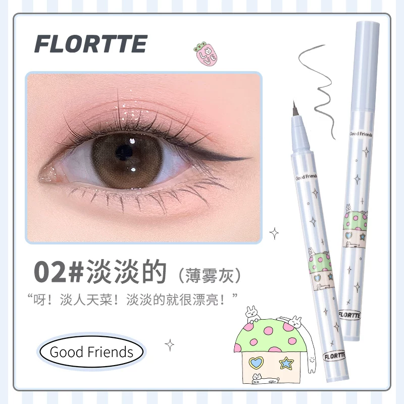 Flortte, двойстрочный карандаш для глаз, гладкая стеклянная черная подводка, длительный эффект