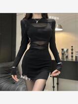 Spring Autumn Winter Advanced Black Hot Girl Sexy Temperament Bag Hip Skirt Mesh Yarn Splicing Hollowed-out Pure Desire to dress for autumn and winter