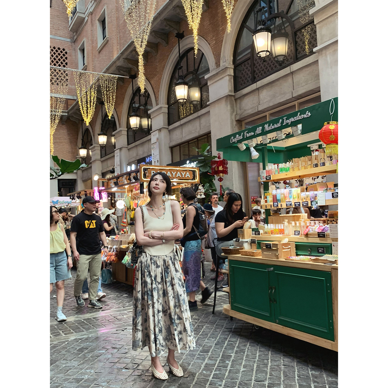 Asm Anna/Early Spring New Vintage Artistic Butterfly Print Skirt, All-Cotton Lace-Up A-Line Long Skirt