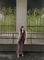 ASM ANNA Irregular shoulder strap halter neck lace-up dress French style chic long skirt