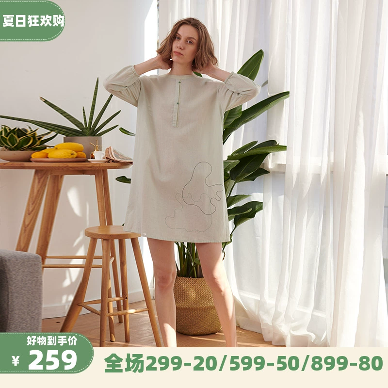 Blossoming coco pijama nữ mùa xuân và mùa thu phong cách mới cotton và lanh dài tay ở nhà thoải mái gợi cảm mùa xuân và mùa thu váy ngủ nữ váy tắm - Đêm đầm