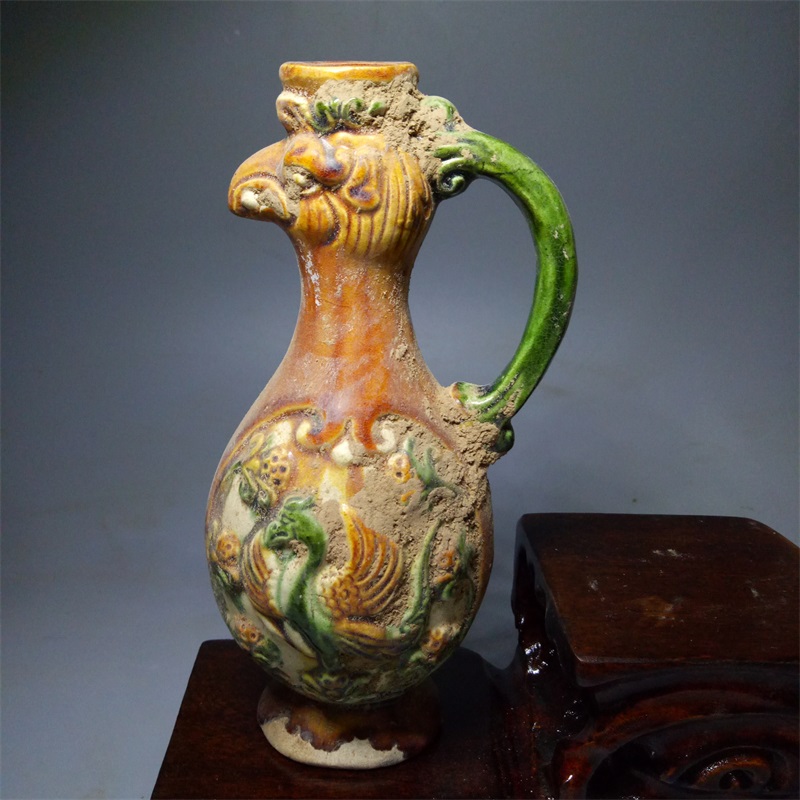Tang Sancai carved figure pattern phoenix head pot antique to do old Tang Dynasty unearthed ancient porcelain antique antique collection
