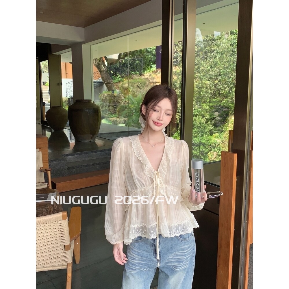Niugugu French Lace Chiffon Blouse 2026 New Autumn Style Sweet and Elegant Loose Slimming Top