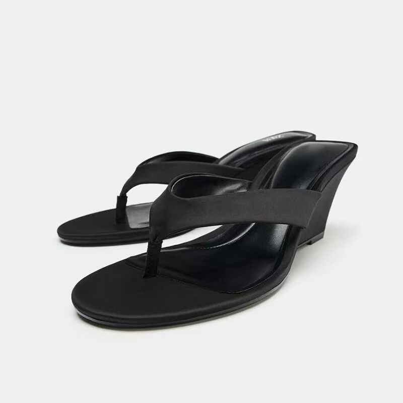 Za2026 Spring and Summer New Style Round-Toe Wedge Flip-Flops, Simple Holiday Style Sandals, High-Heeled Flip-Flops for Women
