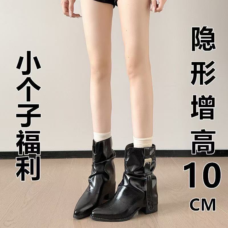 Inner Height Increase ~ Retro Pointed-Toe Western Short Boots for Women, Autumn and Winter, Belt Buckle Design, Niche Chunky Heel, Trendy Bootcut Boots Inner Height Increase ~ Retro Pointed-Toe Western Short Boots for Women, Autumn and Winter, Belt Buckle Design, Niche Chunky Heel, Trendy Bootcut Boots