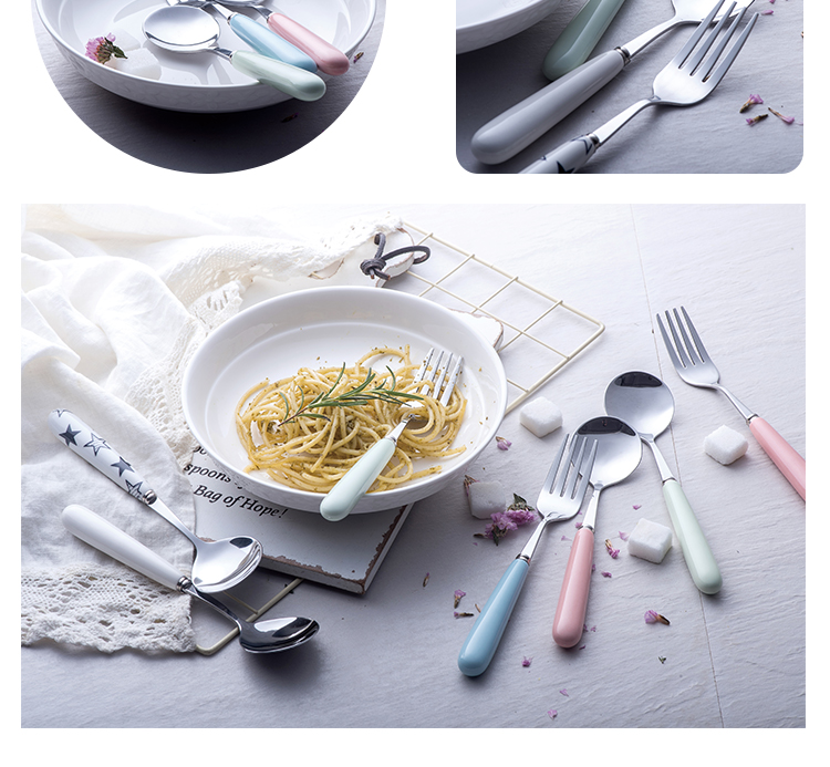 Kẹo Nhật Bản Màu gốm xử lý bằng thép không gỉ Dao kéo Tây Fork Spoon Set Ăn Muỗng sáng tạo Hộ gia đình dễ thương - Đồ ăn tối đĩa giấy dùng 1 lần