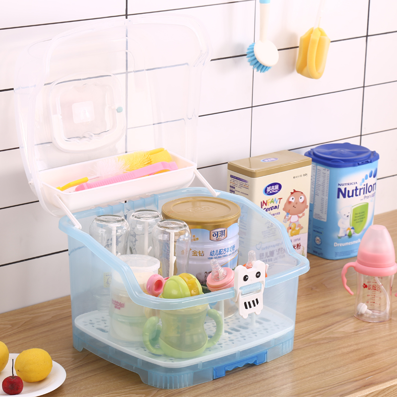 Baby bottle storage box box with lid Dust-proof drain drying rack Portable baby tableware storage box Milk powder box
