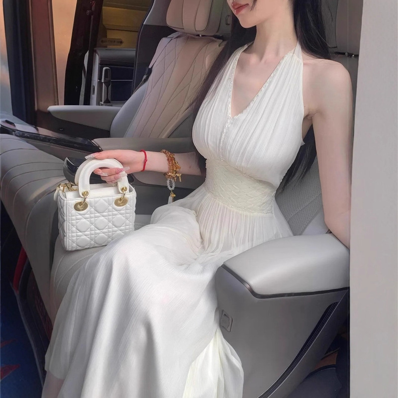 【First Love】Dual Versions/Summer White Moonlight Ice Silk Halter Dress White Elegant Goddess Long Dress Mori Girl Style