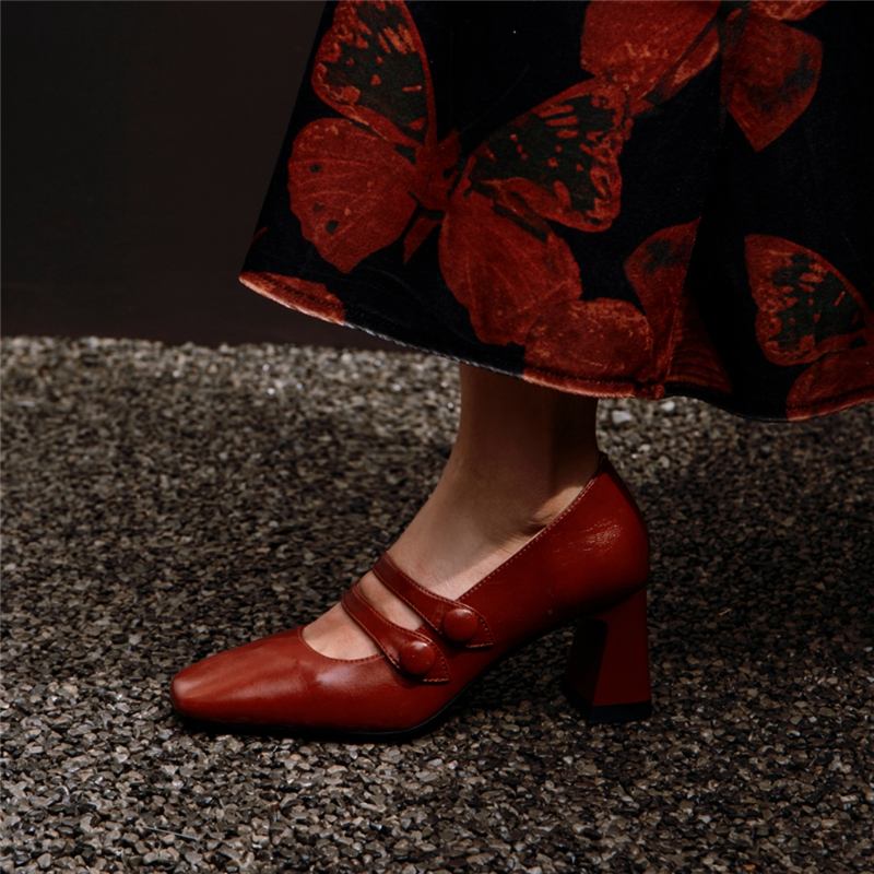 7cm French Retro Wedding Shoes, High-Heeled Mary Jane Shoes in Angora Red, Comfortable for Feet, Suitable for Pairing with a Cheongsam