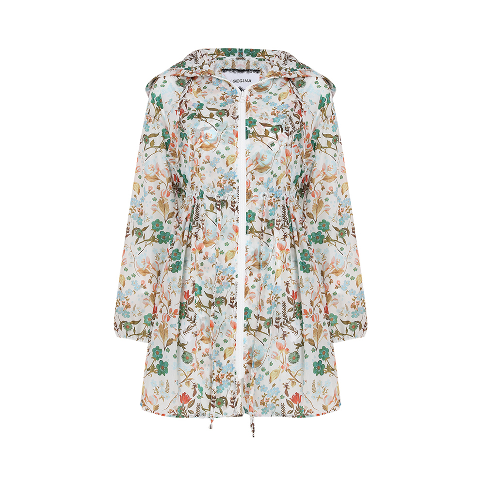 Coat GEGINA Light Blue-Green Floral Hood Edalong Edled Zip khâu Lady