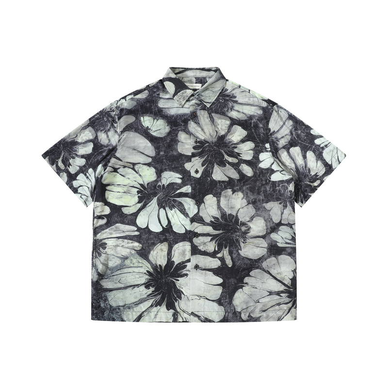Roaring Little Eyes Dries Van Noten Black and White Dvn Floral Big Boy Beach Silk Shirt Short Sleeves