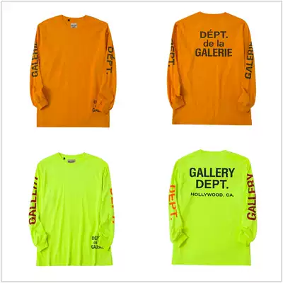 Roaring Little Eyes Gallery Dept Fluorescent Yellow Green Orange Letter Print Pullover Round Neck Long Sleeve T-shirt