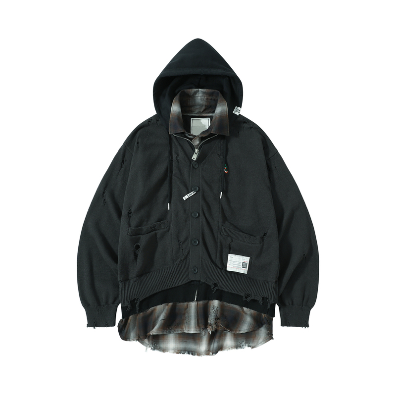 Breaking News! Roaring Little Eyes Mmy Washed Distressed Faux Three-Piece Sweater Shirt Hoodie Patchwork Jacket